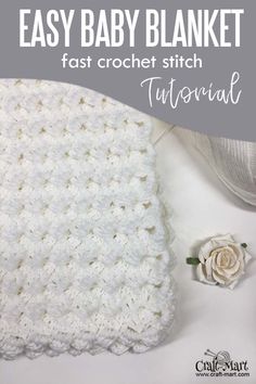 crochet baby blanket with text overlay that says easy baby blanket fast crochet stitch