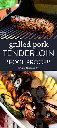 grilled pork tendereon on a plate with vegetables