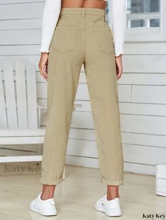 Katykey - Womens High Rise Denim Pants with Slash Pockets and Straight Legs - Stylish High Waist Mom Jeans and Clothing Trendy Khaki Relaxed Fit Jeans, Spring Khaki Relaxed Fit Jeans, Spring Cotton Non-stretch Cargo Jeans, High Waist Khaki Jeans For Spring, Straight Leg Khaki Spring Jeans, High-waist Khaki Jeans For Spring, Khaki Denim Pants For Spring, Khaki Jeans With Five Pockets For Spring, Spring Khaki Jeans With Five Pockets