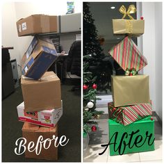 boxes stacked on top of each other in front of a christmas tree with the words before and after