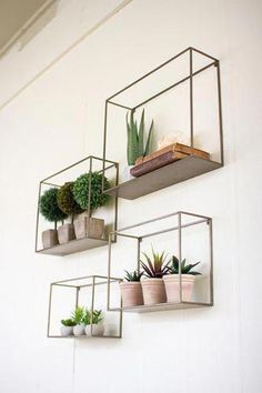 three metal shelves with plants and books on them hanging from the side of a wall