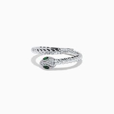 925 Sterling Silver Diamond and Tsavorite Snake Ring Snake Ring, Effy Jewelry, Jewelry Stand, White Stone, Silver Diamonds, Round Diamonds, Metallic Silver, Sterling Silver Rings, Jewelry Design