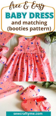 a baby dress and matching booties pattern with text overlay that says free & easy baby dress and matching booties pattern