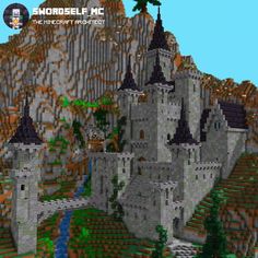 an image of a castle made out of legos on a mountain side with trees and bushes