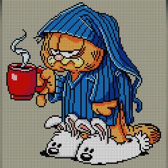 a cross stitch pattern with a cat drinking from a cup and holding a coffee mug