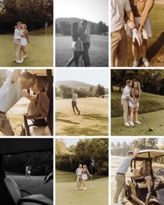 a collage of people playing golf and taking pictures