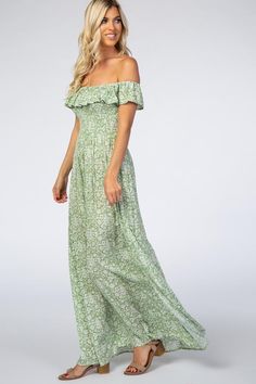 Green Floral Ruffle Off Shoulder Maxi Dress– PinkBlush Casual Maternity Dress, Cute Maternity Dresses, Maternity Dresses Summer, Baby Bump Style, Cute Floral Dresses, Maternity Maxi Dress, Off Shoulder Maxi Dress, Casual Maternity, Trendy Maternity