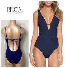 New. Becca Navy Plunge Neck Swimsuit. Beautiful High Quality Fabric. Lightly Ribbed. Low Cut Back. Tie Closure. Adjustable Straps. Soft Removable Pads. Bin4 Chic V-neck Bodysuit For Pool, Summer V-neck Bodysuit For Night Out, Chic Blue Backless Swimwear, Chic Beach Season Bodysuit, Chic Bodysuit For Beach Season, Off The Shoulder Swimsuit, One Piece Swimsuit White, Wrap Swimsuit, Crochet One Piece