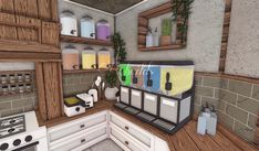 Bloxburg Smoothie Bar, Bloxburg Cafe With Apartment, Bloxburg Pantry Ideas Aesthetic, Bloxburg Cafe Interior Ideas, Creative Bloxburg Builds, Coffee Bar Bloxburg, Shop Ideas Bloxburg, Pantry Ideas Bloxburg