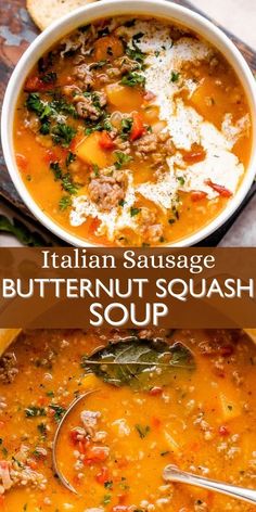 italian sausage butternut squash soup in a white bowl with a spoon and bread on the side