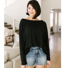 This Top Is One Of The Most Gorgeous And Lightweight Long Sleeves We Have Seen. It Features A Center Stitching Down The Front And Back To Add Texture And A Wide Neckline That You Can Wear Multiple Ways. Throw It Off The Shoulder For A Spiced-Up Look! This Comes In Both Black And Olive. I Promise You'll Want Both Colors In Your Collection. Lightweight Great For Wearing Off-The-Shoulder + On-The-Shoulder 87% Polyester, 10% Rayon, 3% Spandex Wash Cold, Hang Dry Fits True To Size Made In Usa *Measur Spring Denim Shorts, Boutique Trends, Velvet Scrunchie, Beautiful Disaster, Misty Rose, Center Stage, Black Media, I Promise, Amazing Women