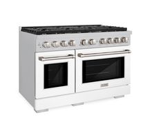 ZLINE 48-inch Gas Range with White Matte Oven Doors (SGR-WM-48) side, oven doors closed. Double Oven Gas Range, Double Oven Gas, Gas Range Double Oven, Small Oven, Convection Cooking, Cast Iron Griddle, Grilling Sides, Dual Fuel Ranges, Large Oven