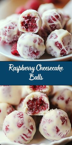 raspberry cheesecake balls on a white plate with the words raspberry cheesecake balls