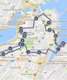 a map showing the locations of many attractions in boston, massachusetts and other parts of the united states