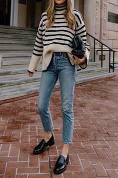 BW Outfit | ShopLook Looks Street Style, Casual Work Outfits, Outfit Inspo Fall, Business Casual Outfits, Roll Neck, Work Attire, Side Split, Striped Sweater