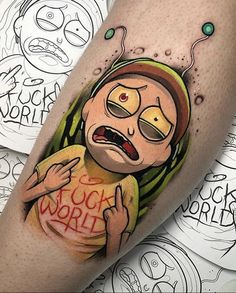 a person with a cartoon tattoo on their leg that says, i'm sick world