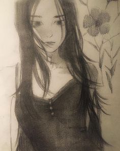 a drawing of a girl with long hair and flowers in her hand, looking at the camera