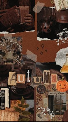 collage of autumn images with pumpkins, books and other things on it's surface