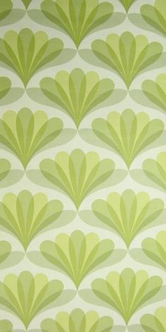 a green and white wallpaper with fan shaped design on the back half of it