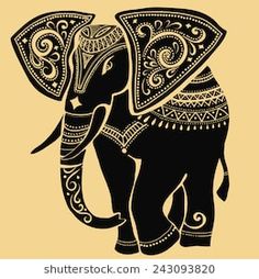 an elephant with patterns on it's body and tusks, painted in black