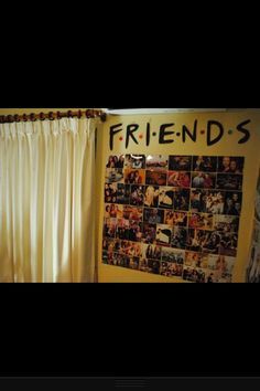 a wall covered in pictures and the word friends written on it is next to a window