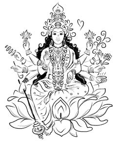 a drawing of the god sitting on top of a lotus with many symbols around it