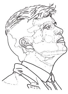 a black and white drawing of a man's face with lines drawn on it