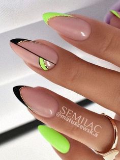 green and black negative space nails Lime And Black Nails, Neutral Nails With Neon Accent, Light Green And Black Nails, White Neon Nails, Lime Green Nails Design Summer, Lime Green Almond Nails, Black And Lime Green Nails, Ibiza Nails Summer, Black Neon Nails