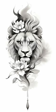 a black and white drawing of a lion with flowers on its head