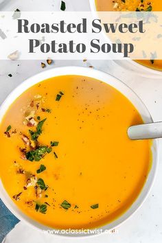 two bowls of roasted sweet potato soup on a white table with text overlay that reads roasted sweet potato soup