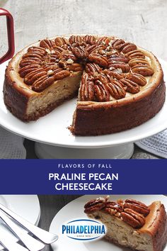 a cake with pecans on top is cut into slices