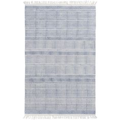 a blue and white rug with fringes on the bottom, in front of a white background