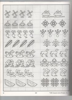 the cross stitch pattern is shown in black and white, with different designs on it