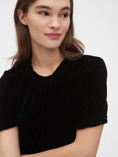 Velvet Ruffle-Neck Top #AD , #spon, #Ruffle, #Velvet, #Top, #Neck Velvet Top, Ruffle Trim, Short Sleeves, Crew Neck, V Neck, Women's Top