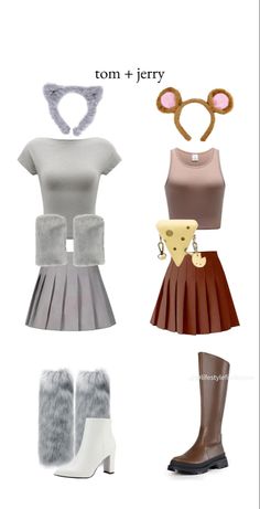 four different outfits with mouse ears on top and bottom, one in grey and the other in