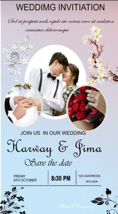 a wedding party flyer with an image of the bride and groom