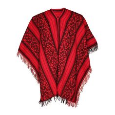 Our traditional woven colorfully striped poncho is as stylish as it is practical at keeping the chill off. Light coverage. Fringe on all four sides. Woven in the Sacred Valley of the Incas, Peru. Red Shawl Poncho For Festival, Traditional Red One-size Poncho, Traditional Red Shawl Poncho, Red Folk Style Poncho For Fall, Folk Style Red Poncho For Winter, Red Bohemian Cape Poncho, Red Bohemian Poncho Cape, Red Folk Style Poncho For Festival, Red Cape Poncho For Festival