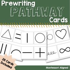 the book cover for pre - writing pathway cards with pictures of letters and numbers on them