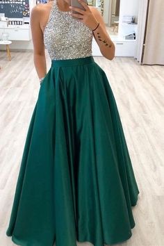 Halter Sparkly Long Prom Dresses with Pockets · dressydances · Online Store Powered by Storenvy Halter Top Prom Dresses, Dark Green Prom Dress, Dark Green Prom Dresses, Prom Dress Halter, Top Prom Dresses, Green Prom, Dress Graduation, Sequin Prom Dress