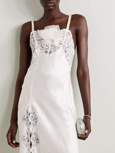 RODARTE Embellished lace-trimmed silk-satin midi dress