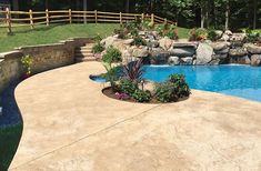 a backyard with a swimming pool and landscaping