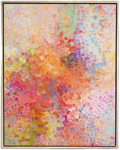 an abstract painting with multicolored squares in the middle and yellow, pink, orange, and white colors