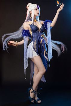 Includes: Dress, collar decoration, eye of god, backs decoration, sleeves, collars, leggings, headwear, hand accessories
Material: Feminine, lining, pleather.
Size: female XS-XXL.
 
Tip：Not include the wigs, the wigs just for photograph. Blue Cosplay Costume For Party Events, Blue Cosplay Costume For Party And Cosplay Events, Anime Cosplay Costume For Party, Cyberpunk Cosplay Costume For Events, Ningguang Cosplay, Yelan Cosplay, Genshin Impact Ningguang, Genshin Cosplays, Eye Of God