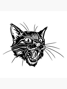 a black and white drawing of a cat's face with its mouth open showing teeth