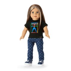 a doll with long hair wearing blue pants and a t - shirt that says i'm