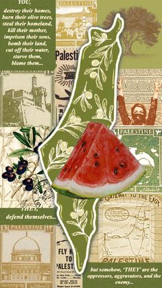 a piece of watermelon on top of a map with words written below it