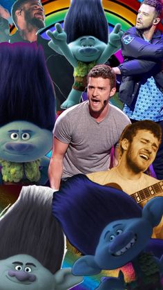 a collage of cartoon characters including a man with a guitar and other people in the background