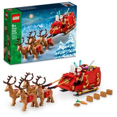 a lego christmas sleigh with reindeers pulling it