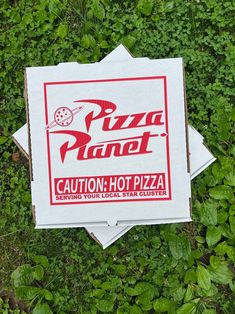 two pizza boxes sitting on top of some green grass next to each other with the word pizza planet printed on them