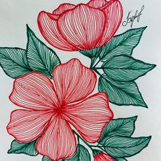 a drawing of two red flowers with green leaves on white paper, one is drawn in pencil and the other has colored ink